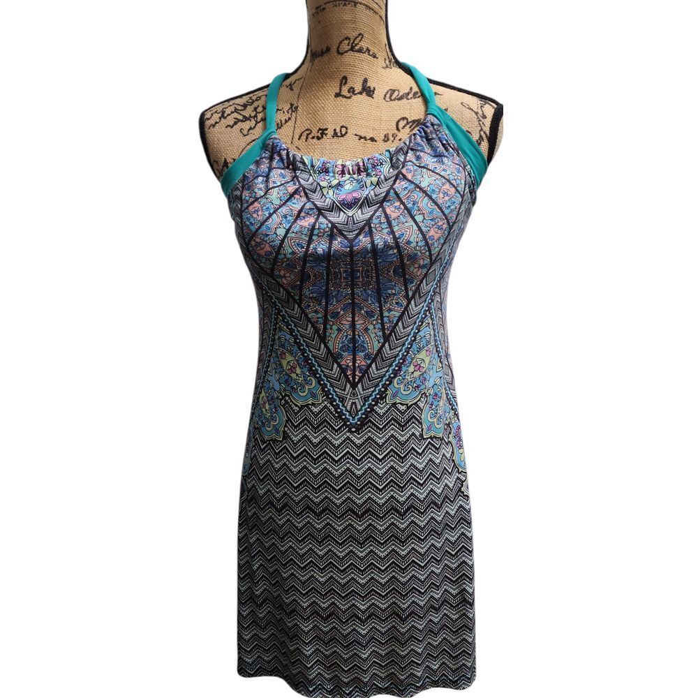 Prana Boho‎ Halter Dress Chevron Paisley Print Blue Straps Summer Beach S